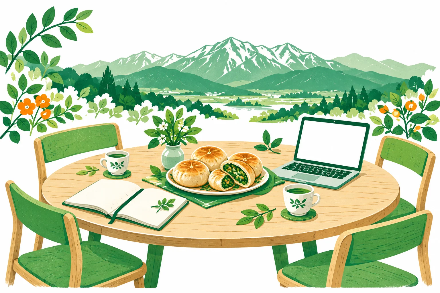 山々を背景に、おやきとパソコンを囲む学びの場のイラスト